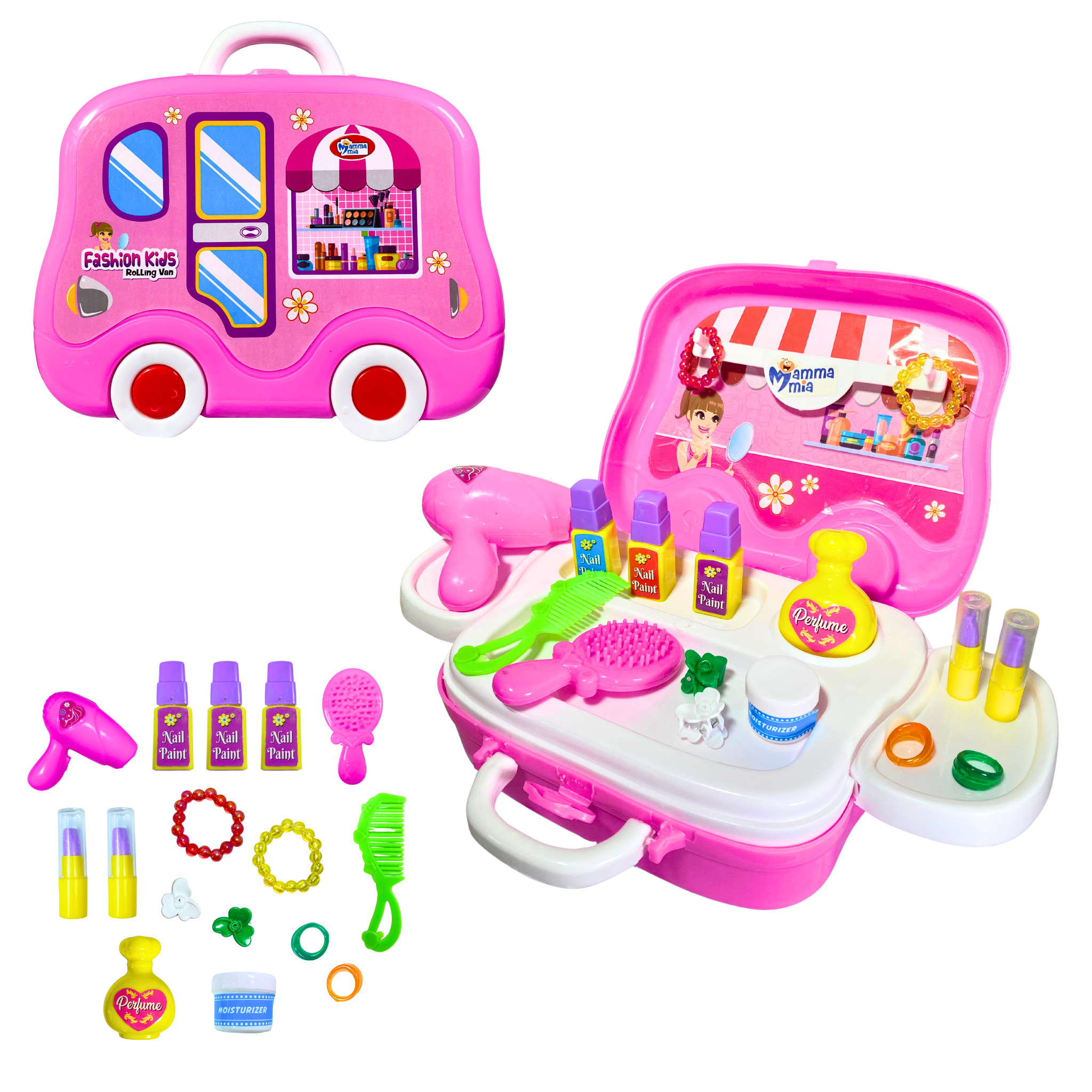 Fashion Kids Rolling Van Toy | Portable Vanity Playset with Makeup Accessories