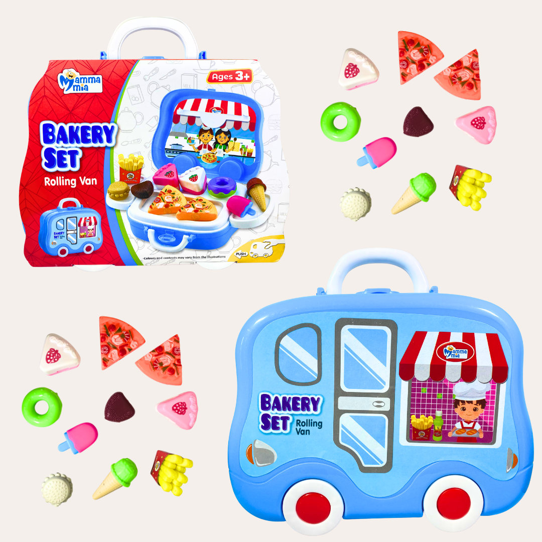 Bakery Set Vanity Rolling Van Toy | Dessert Trolley with Pretend Play Accessories