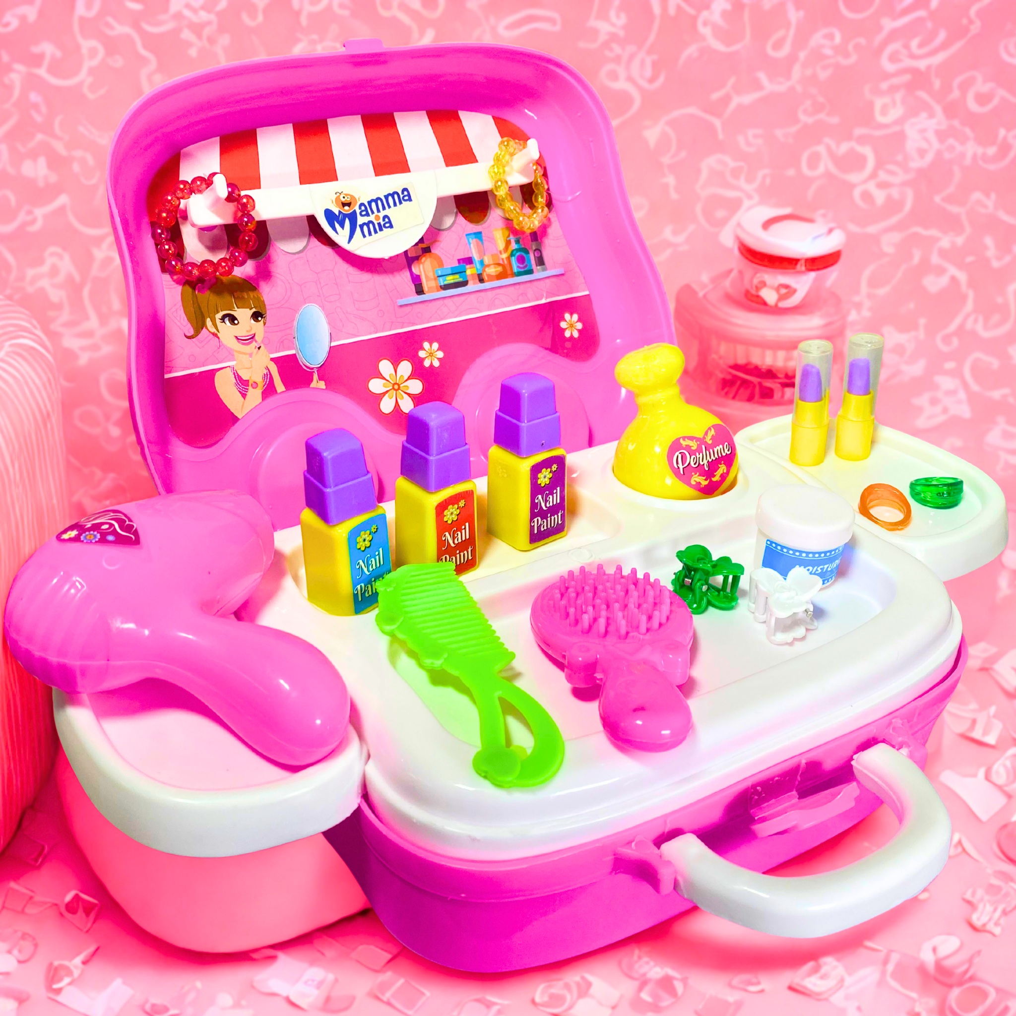 Fashion Kids Rolling Van Toy | Portable Vanity Playset with Makeup Accessories